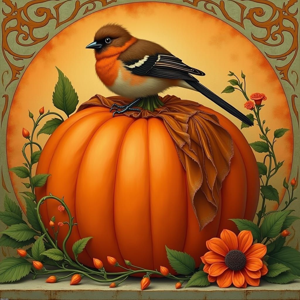 Pumpkin with Bird in Art Nouveau Style