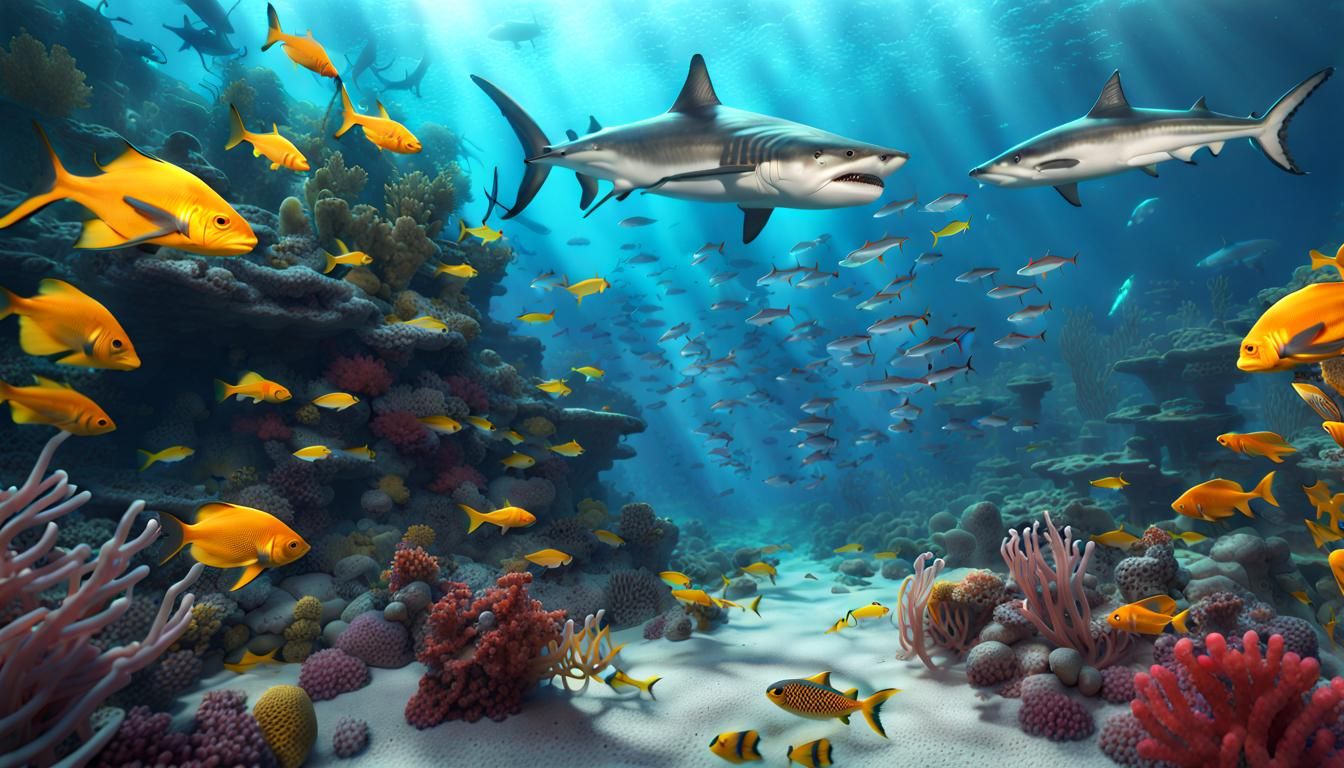 Underwater Reef Scene with Barracuda and Shark