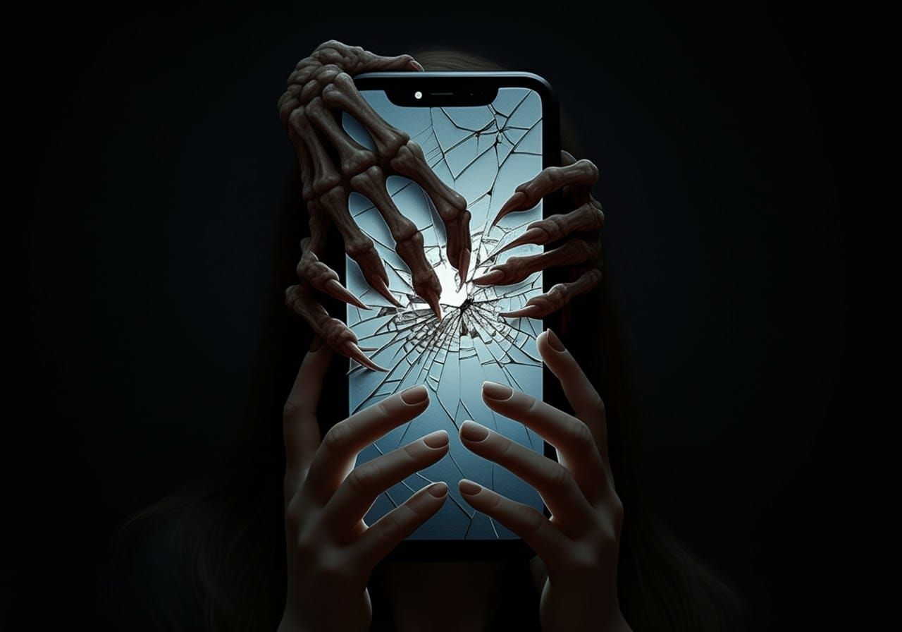 Terrified Woman and the Horror from Her Cellphone