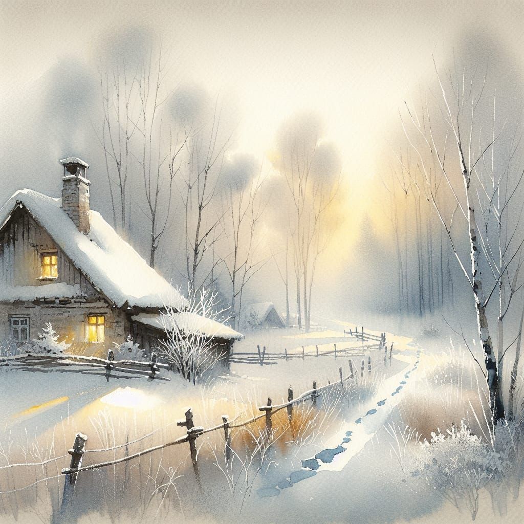 Ethereal Winter Wonderland Watercolor Painting in Dreamy Haz...