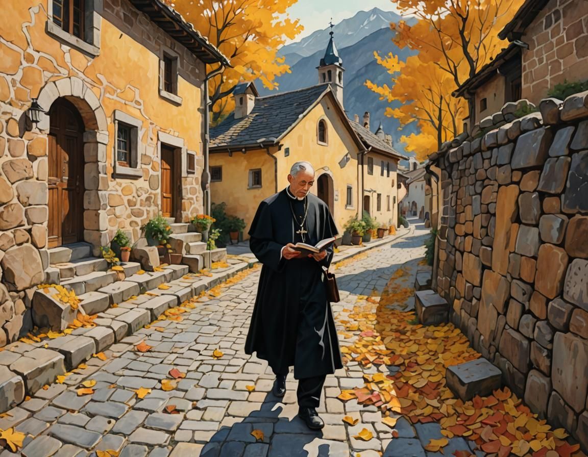 Catholic Priest Reading in Mountain Village, Impressionism