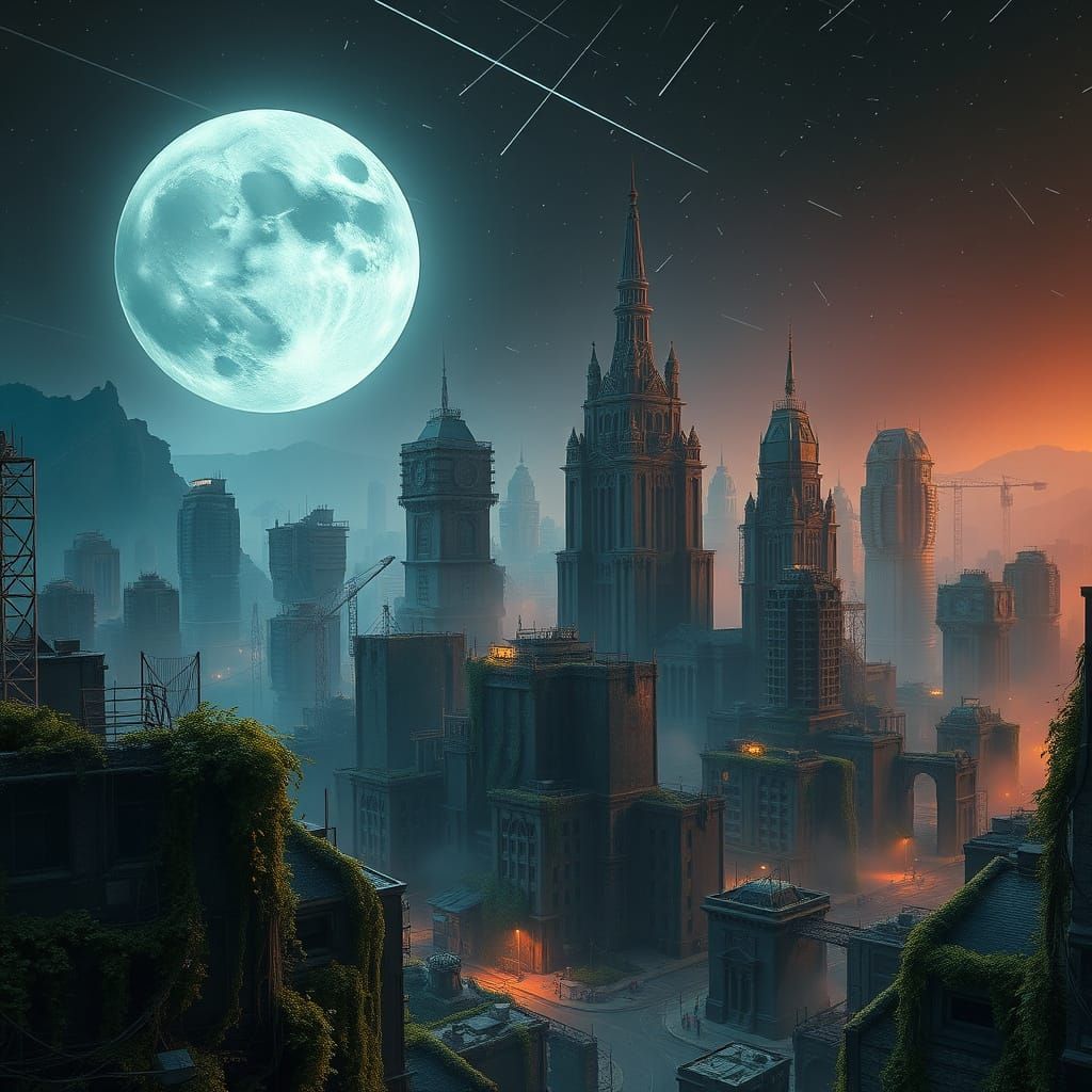 Ethereal Dystopian Metropolis Under Radiant Full Moon
