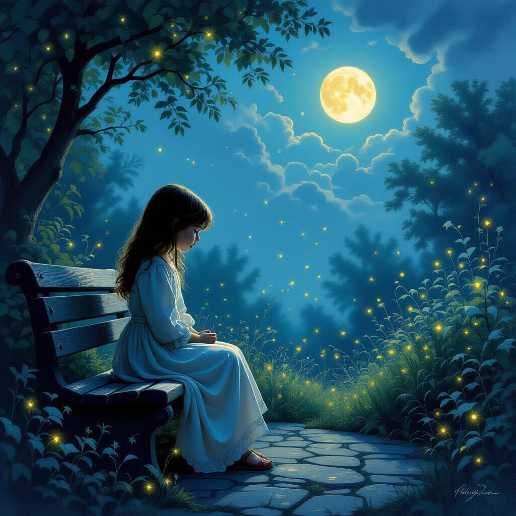 A solitary child, bathed in the ethereal glow of a distant f...