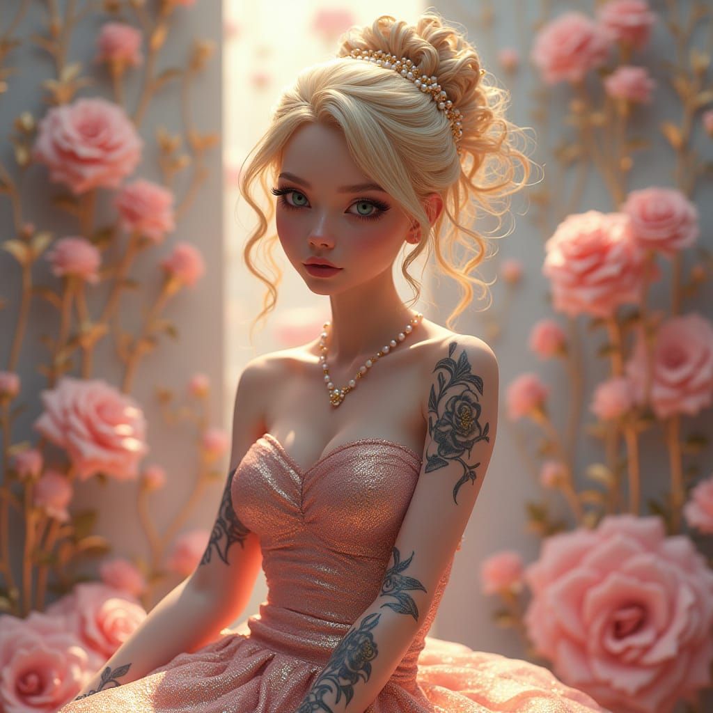 Blonde Woman in Mermaid Dress with Iridescent Accents