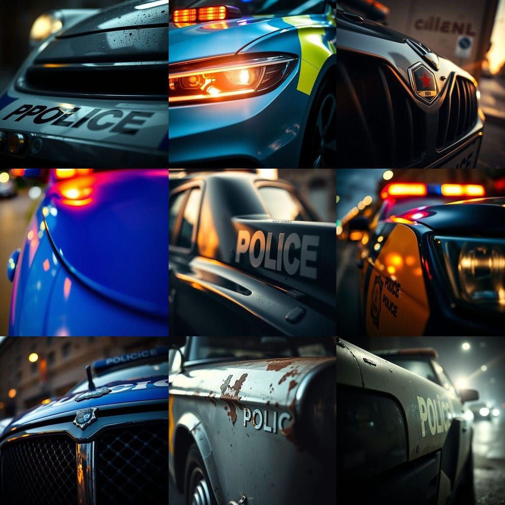 A Police Car in Close-Up, Shining in Ambient Light