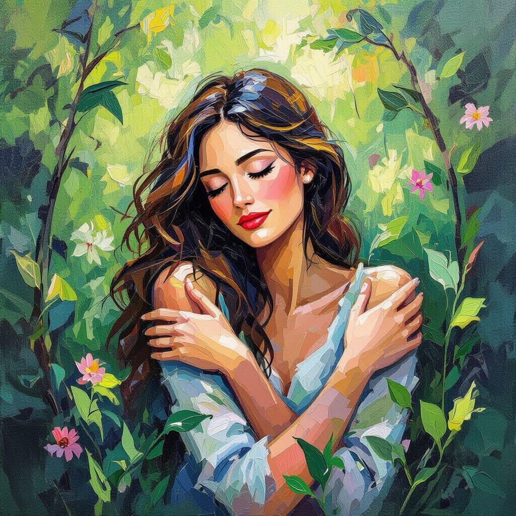 Woman Embracing Nature in Neo-Impressionist Style
