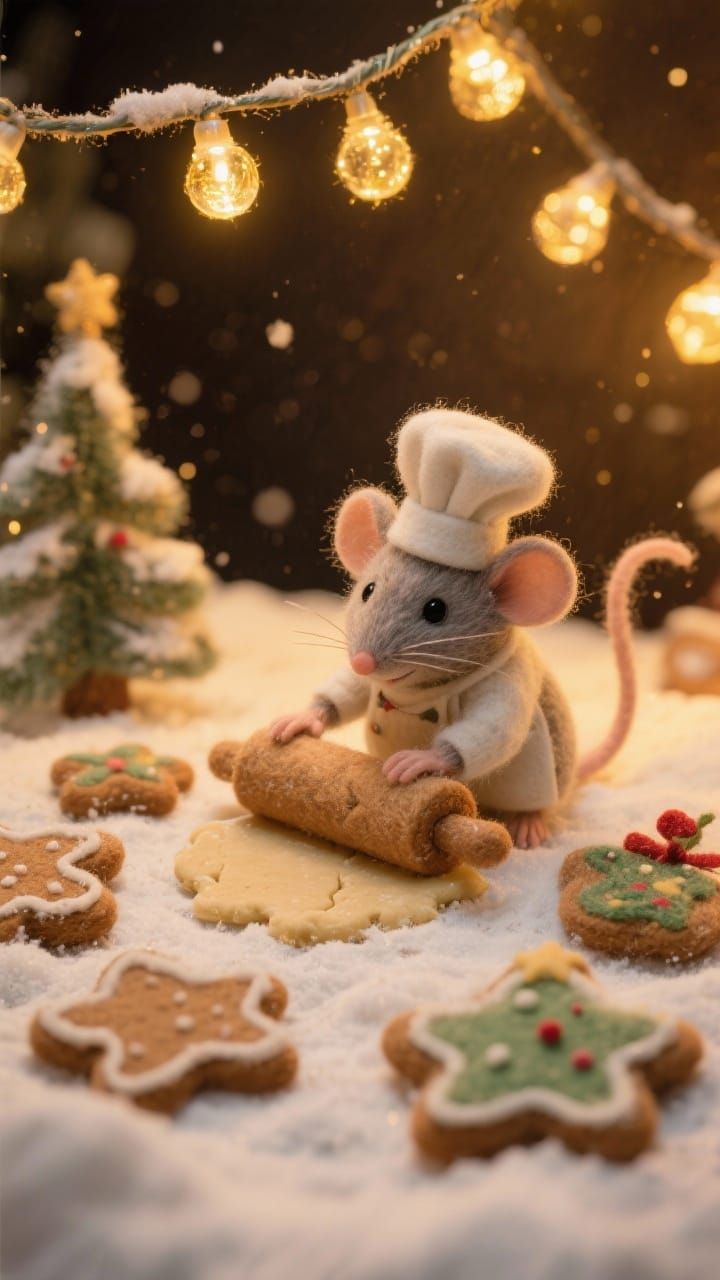 Cute Felt Mouse Baking Christmas Cookies in Snowy Scene