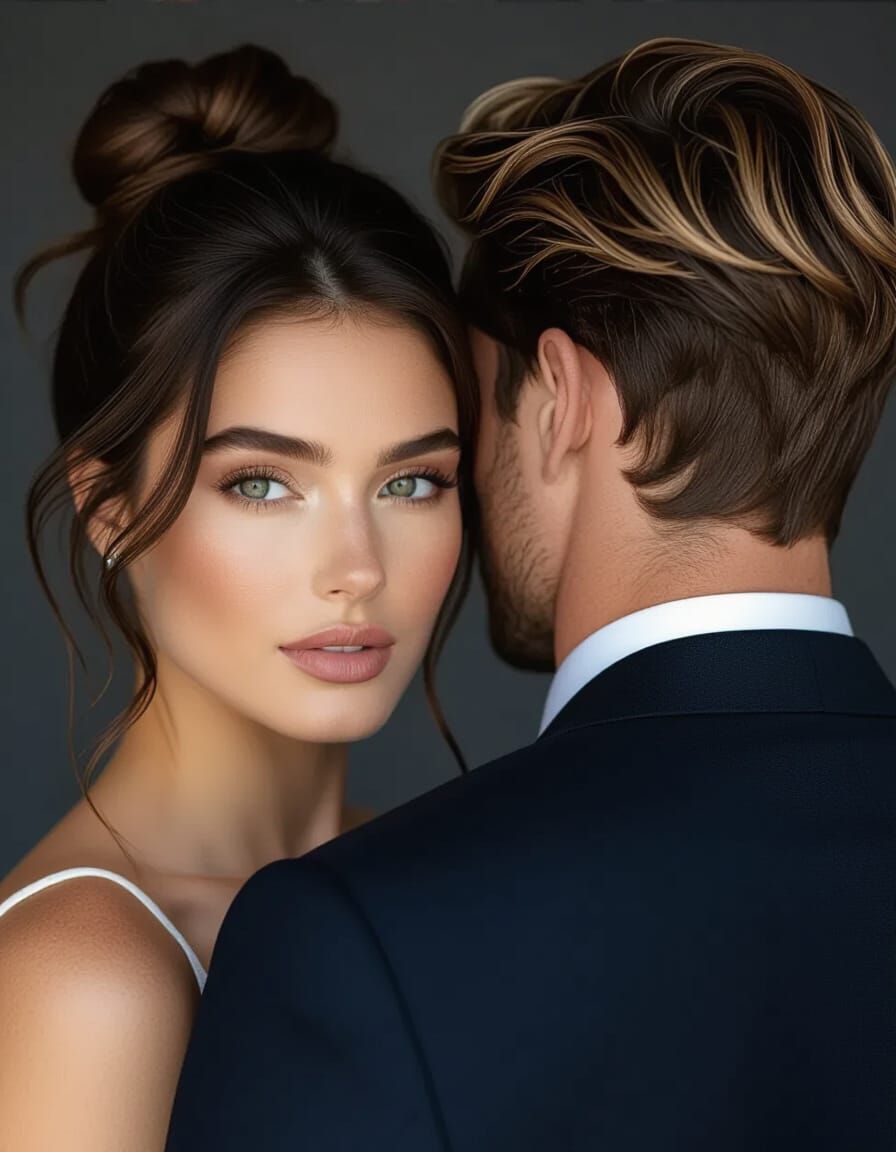 Couple Posing for Portrait Over Shoulder Shot