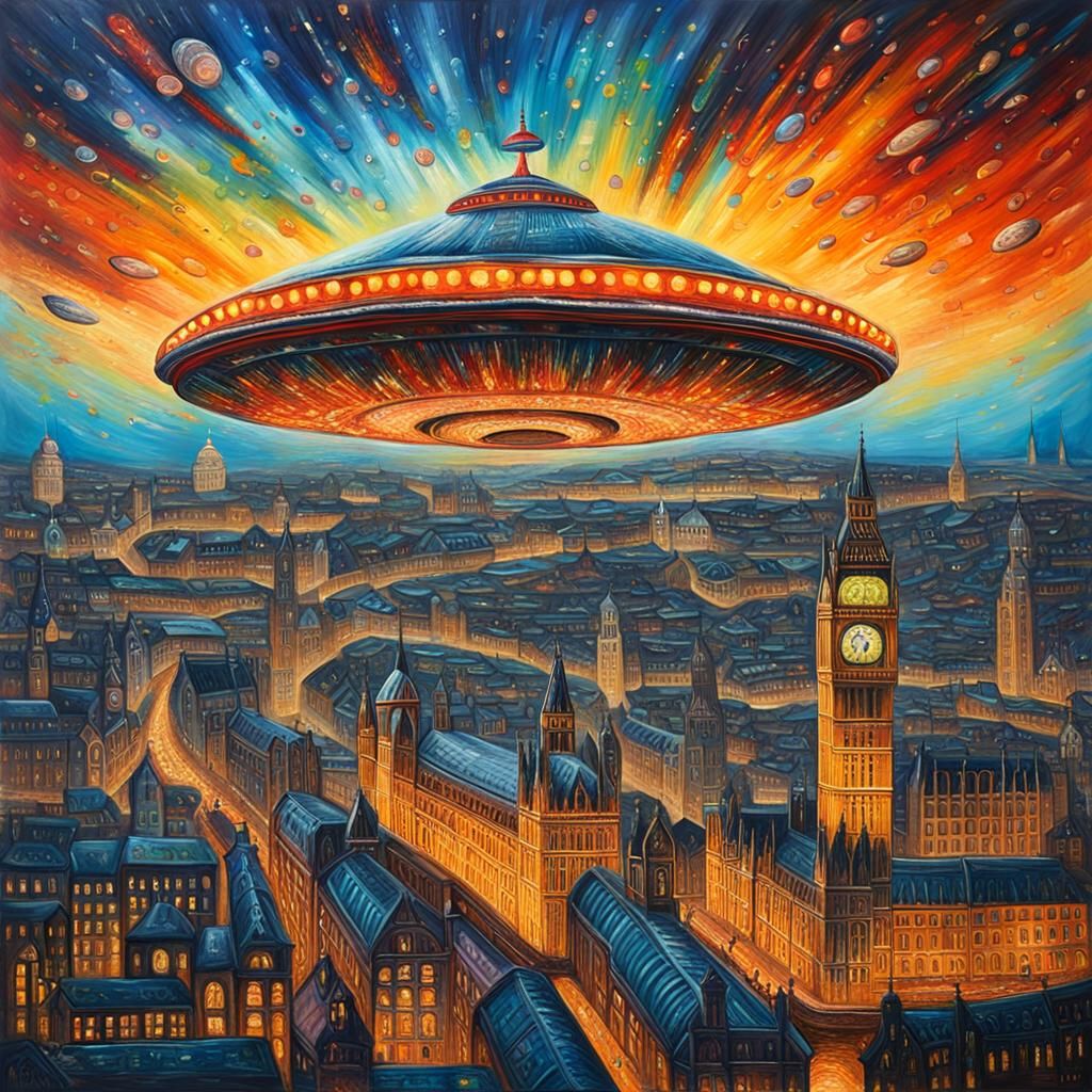 Flying Saucer Over London in Oil Painting Style