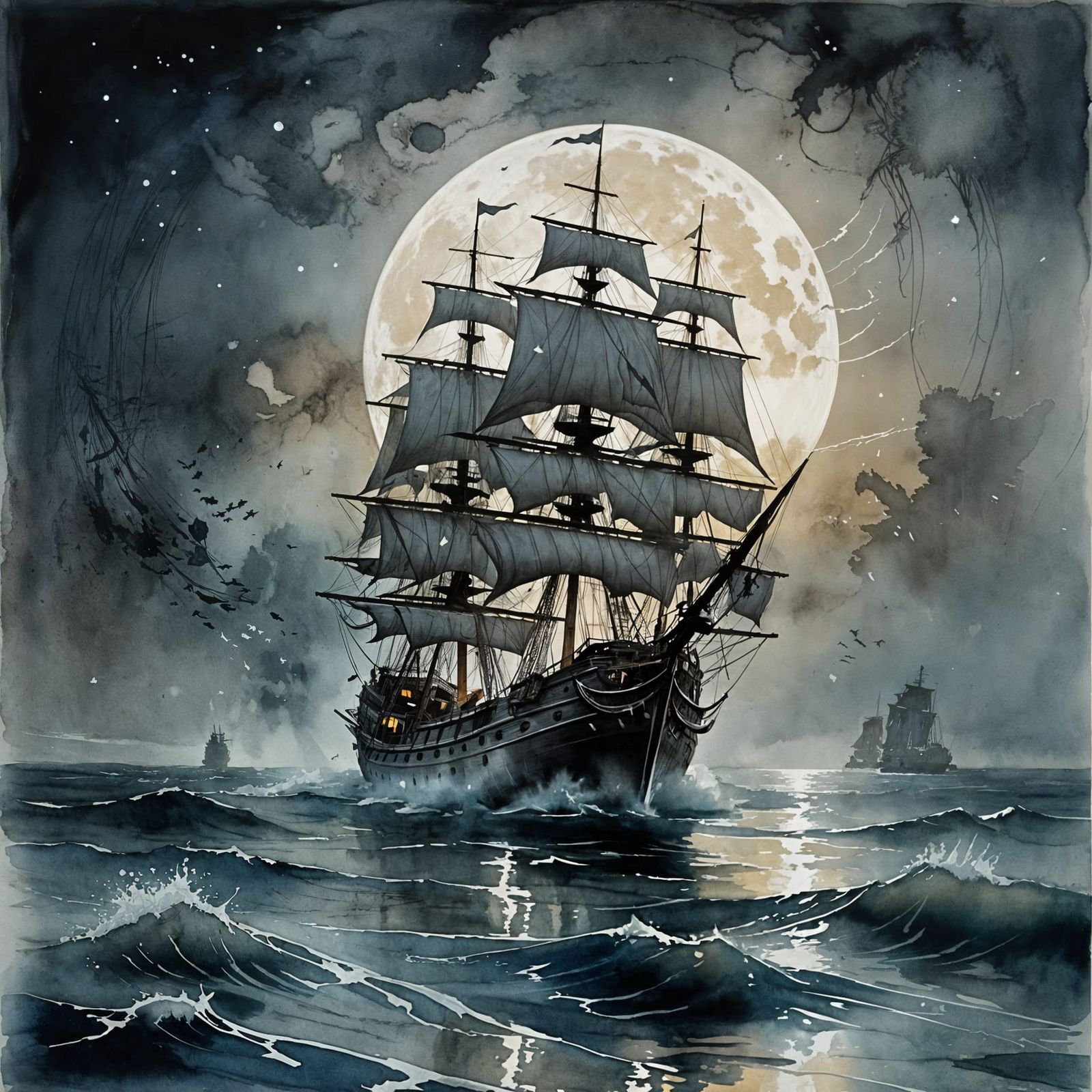 Ghostly Pirateship Drifts Under Luminous Full Moon