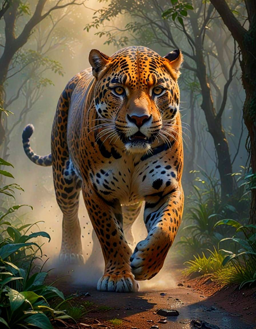 Ethereal Jaguar Running Forward in Hyperdetailed Fantasy