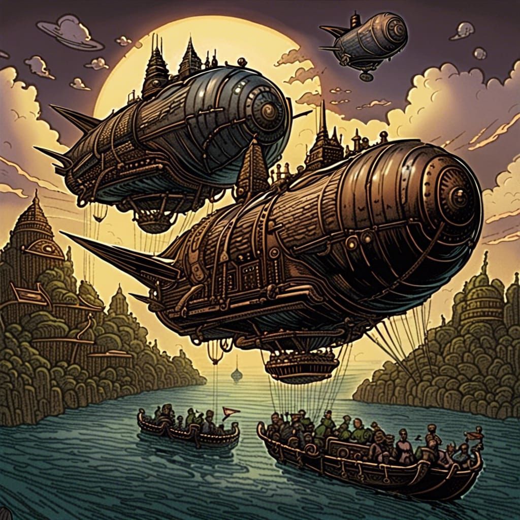Steampunk Zeppelins on Floating Islands, Comic Art