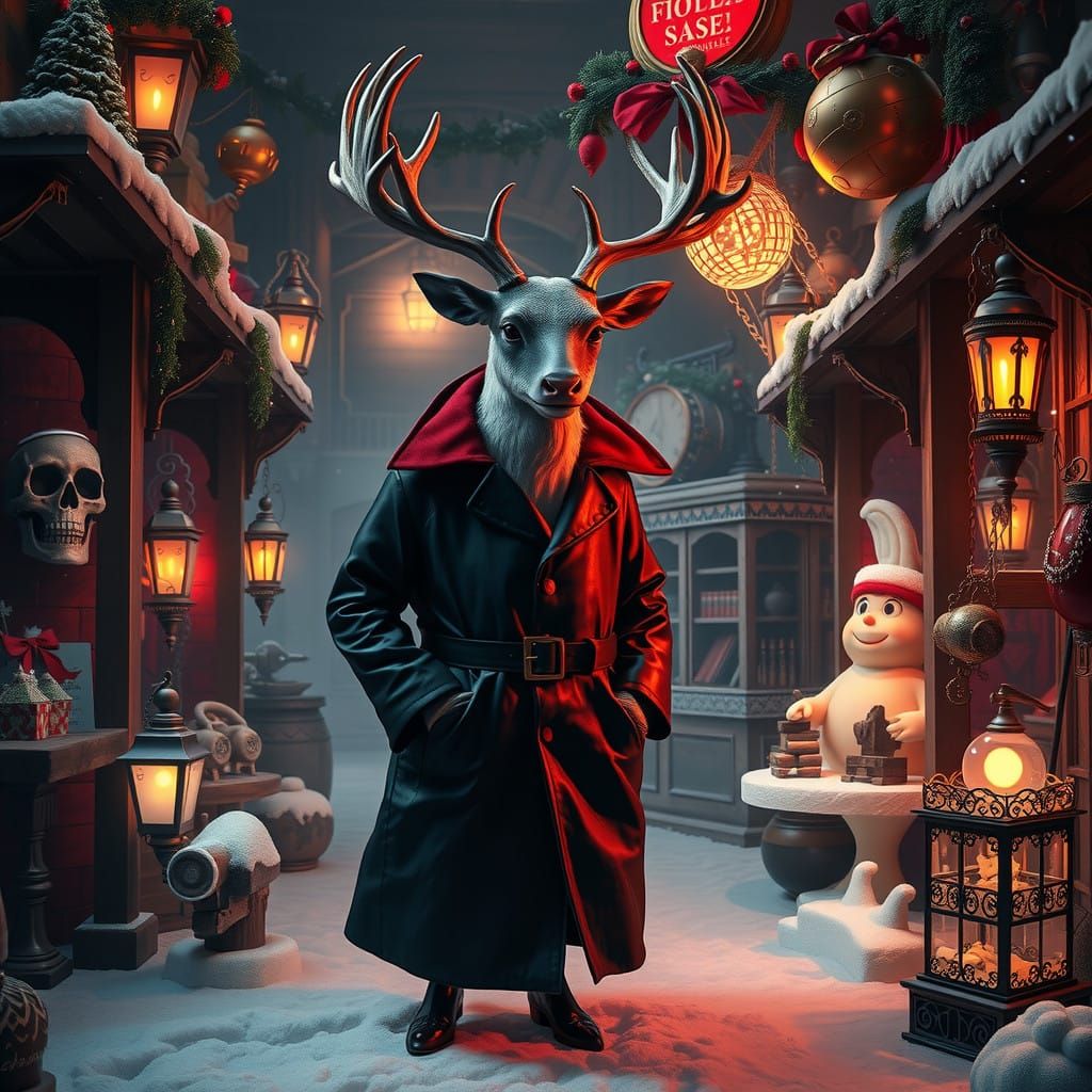 Dark Fantasy Reindeer in Snow-Shrouded North Pole Toy Shop