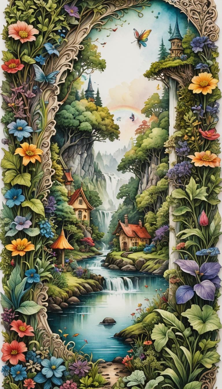 Ornate Rainbow Ticket with Fairy Village Illustration