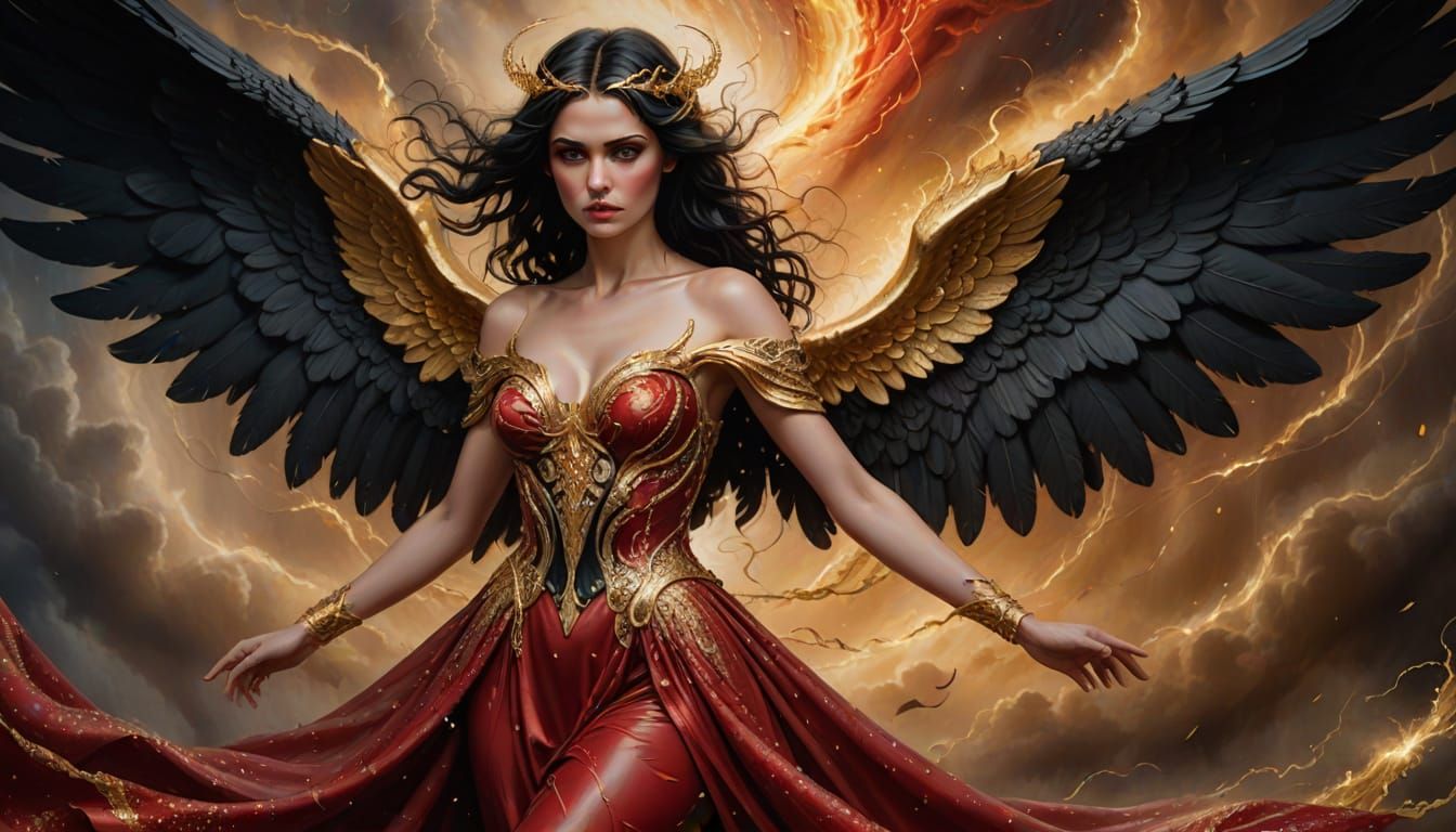 Majestic Angel in a Whirlwind of Gold and Red