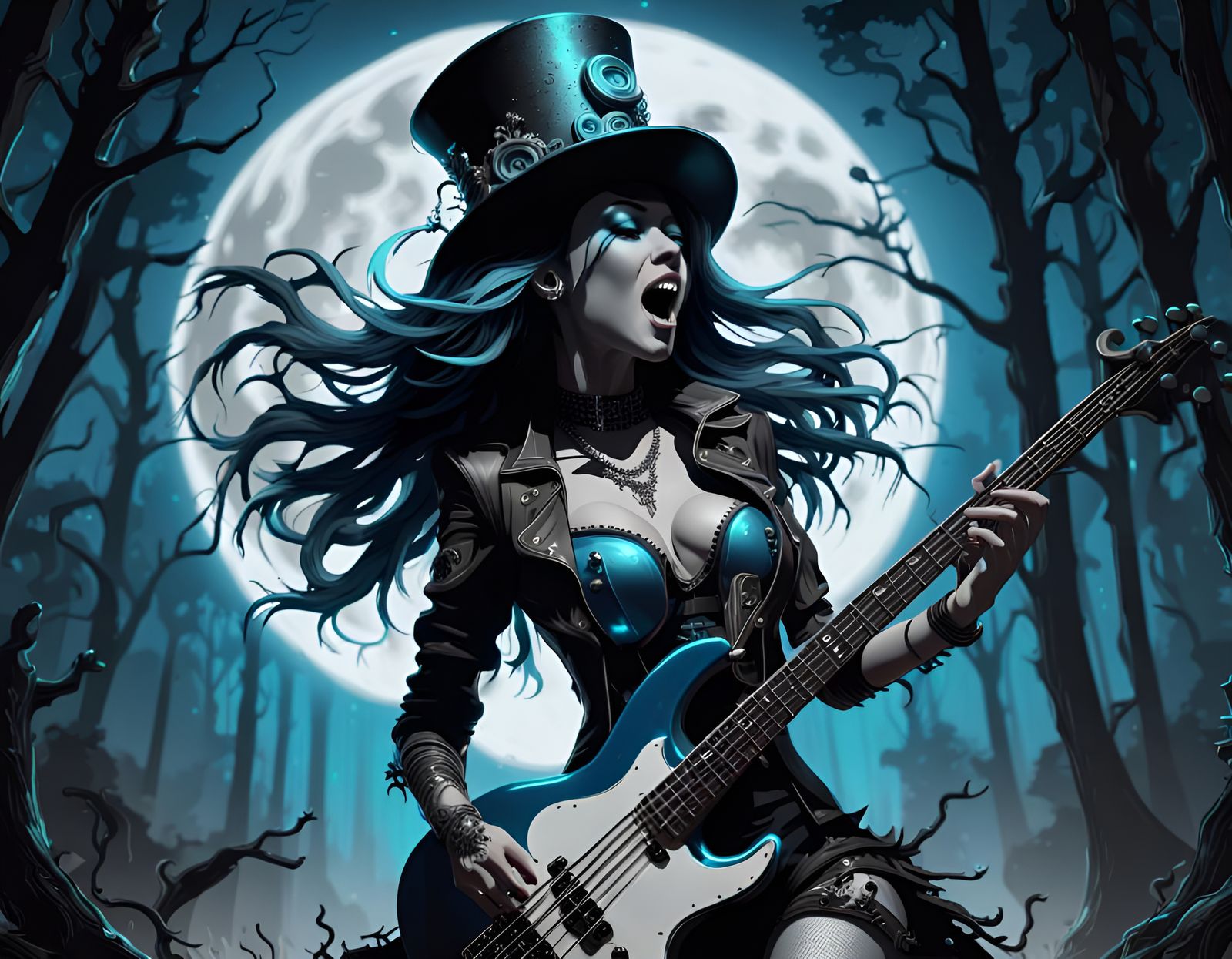 Steampunk Woman's Neon Moonlit Concert