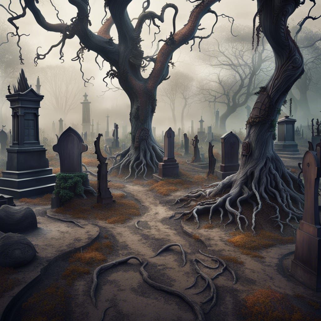 Whimsical Graveyard with Eerie Trees in Matte Painting Style