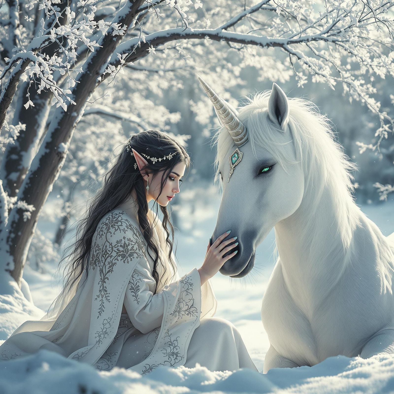 Enchanting Elf and Unicorn in Winter Wonderland