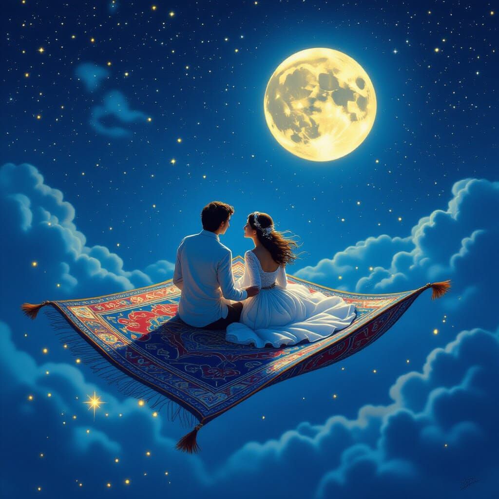 Romantic Couple Magic Carpet Ride Under Starry Night Sky