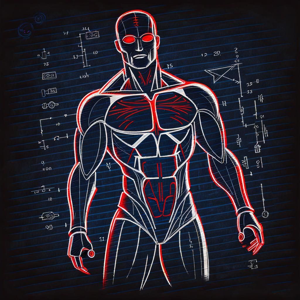 Distressed Blueprint Design of Humanoid Man in Synthwave Sty...