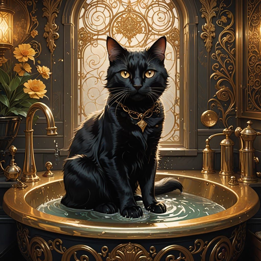 Regal Gold Cat Washing Paws in Vintage Sink, Art Nouveau Sty...