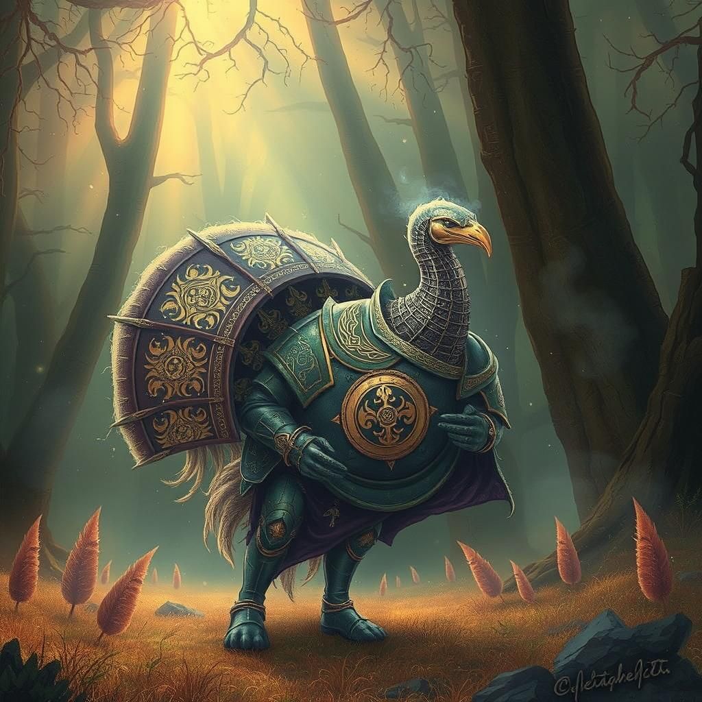 Armored Warrior in Mystical Forest, Hyper-Realistic Painting