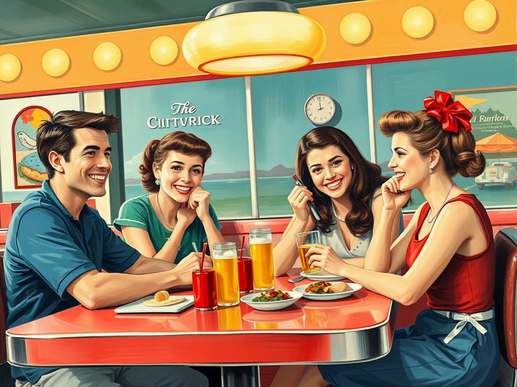 Friends at a 1950s Diner in Pointillism Style