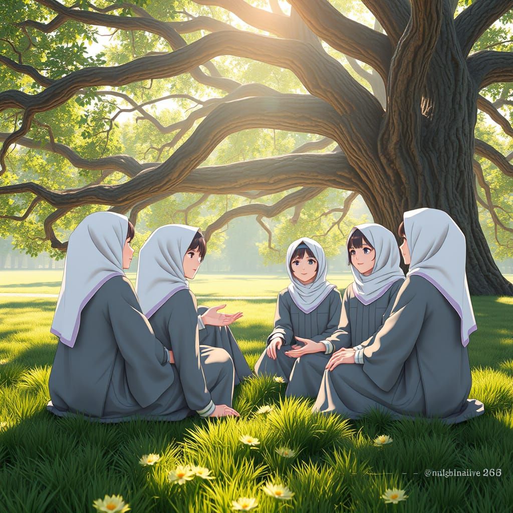 Schoolgirls Gather Under Ancient Tree in Detailed 3D Anime A...