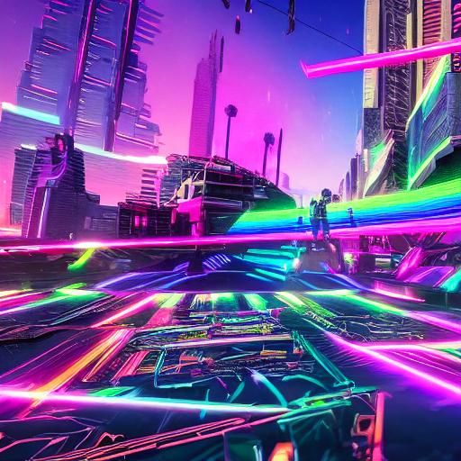 Rainbow Synthwave Cityscape in 3D Cinematic Style