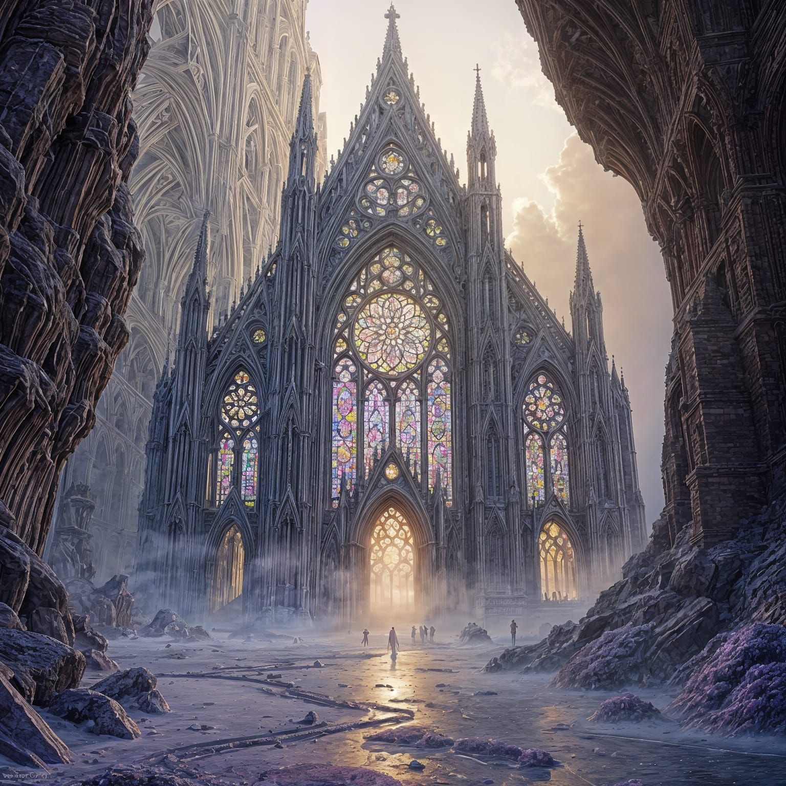 Gothic Amethyst Cathedral in Alien Desert Landscape