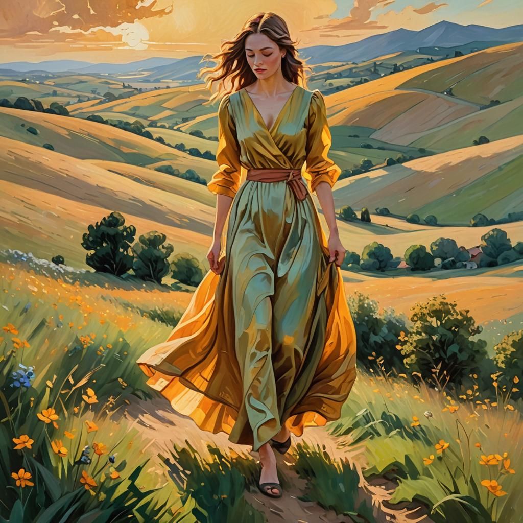 Woman in Flowing Dress: Vibrant Oil Painting
