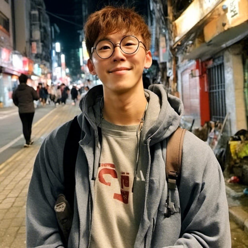 Smiling Person in Night City Street Scene