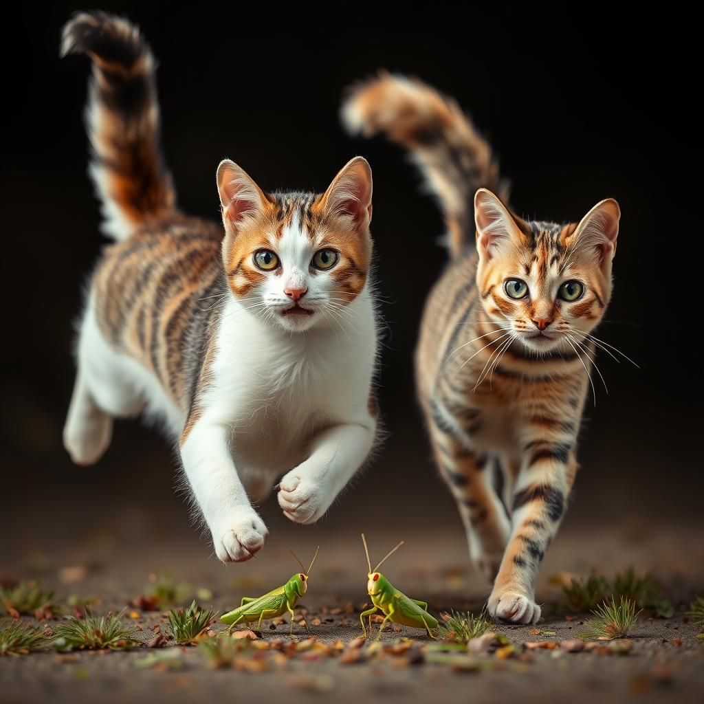 Photorealistic Cats Chase Grasshopper with Tails Raised