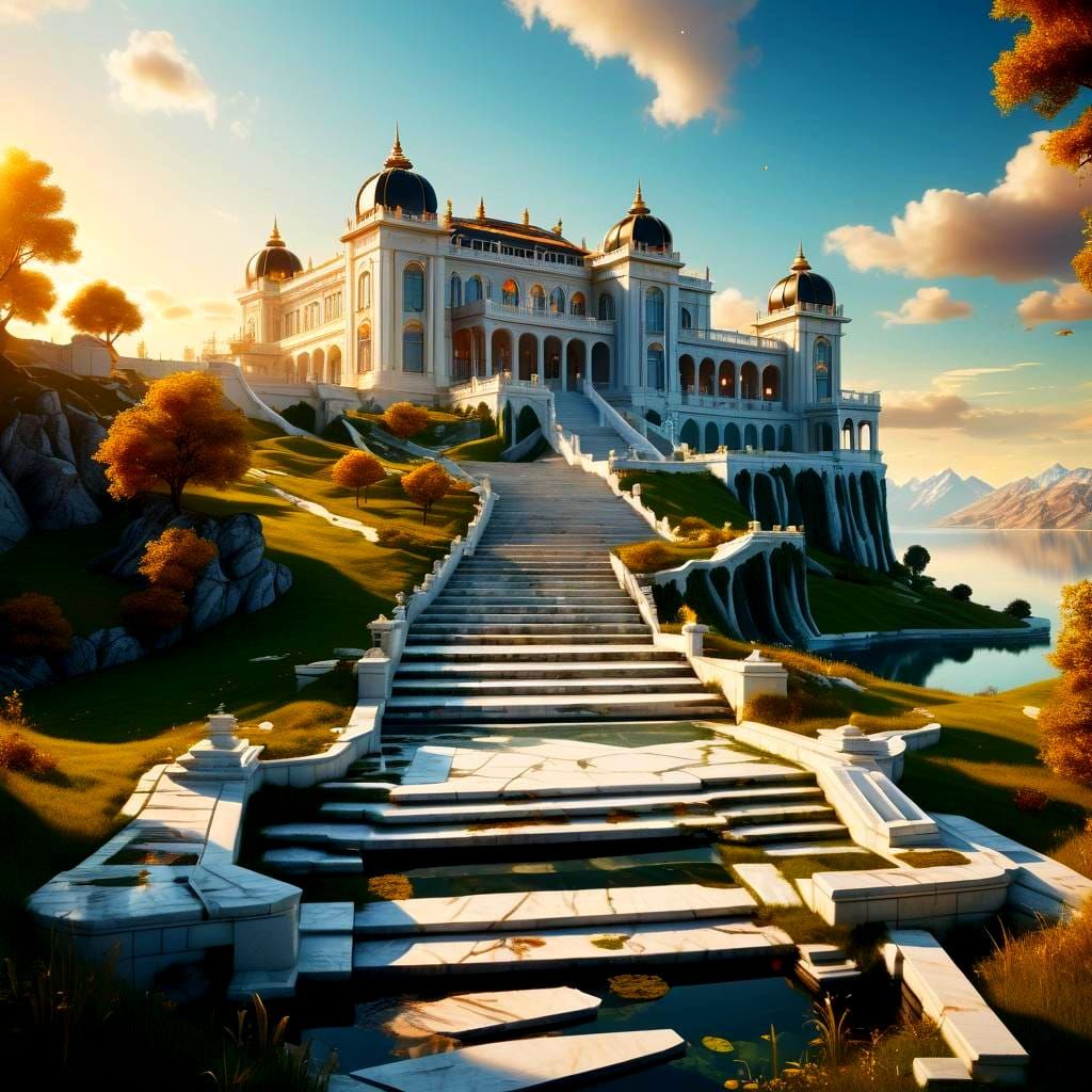 Surreal Obsidian Palace with Marble Steps and Lake