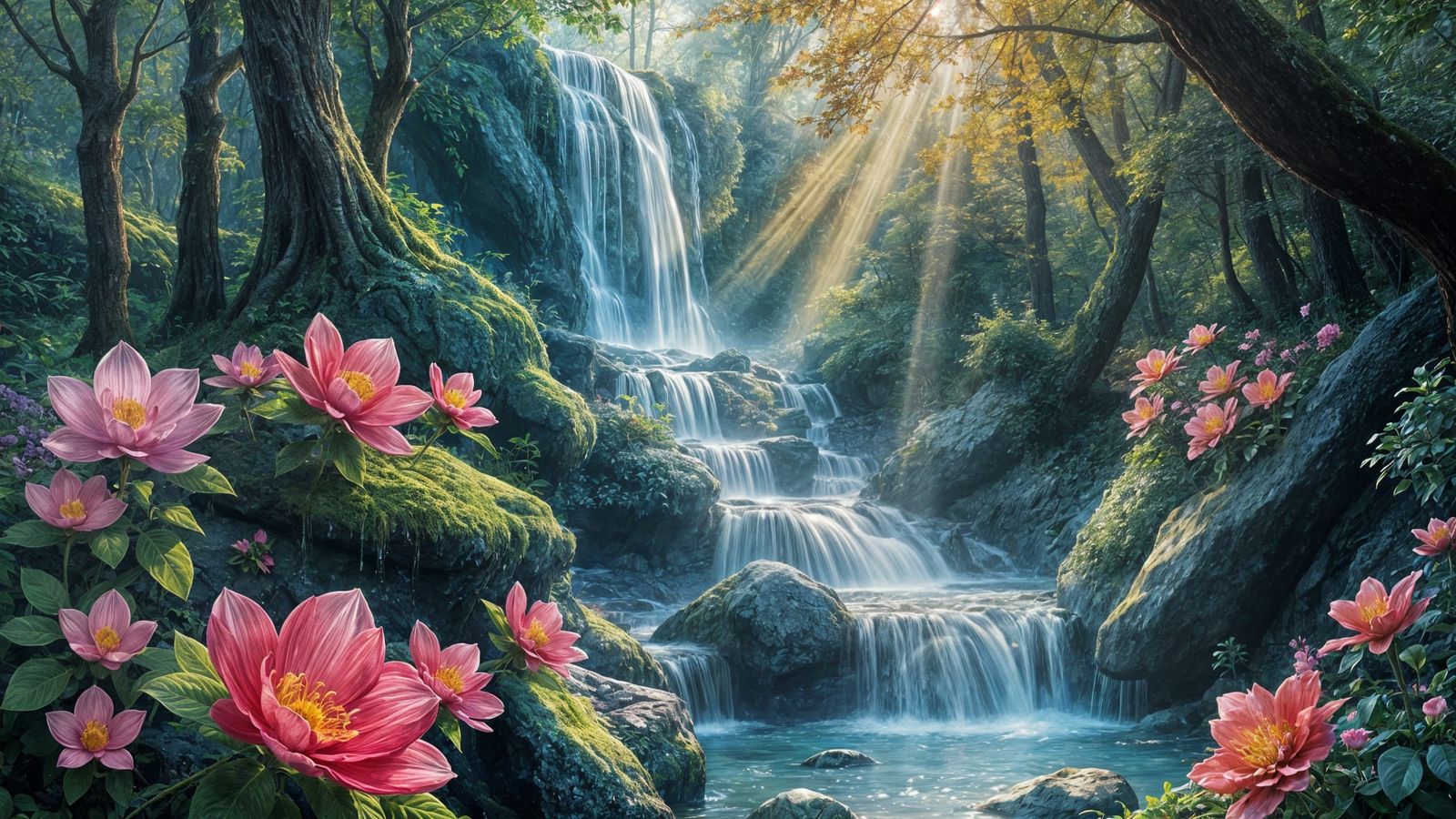 Enchanted Gemstone Falls in a Whimsical Forest