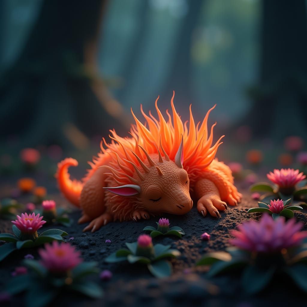 Neon Dragon Hatchling Asleep in Dark Forest