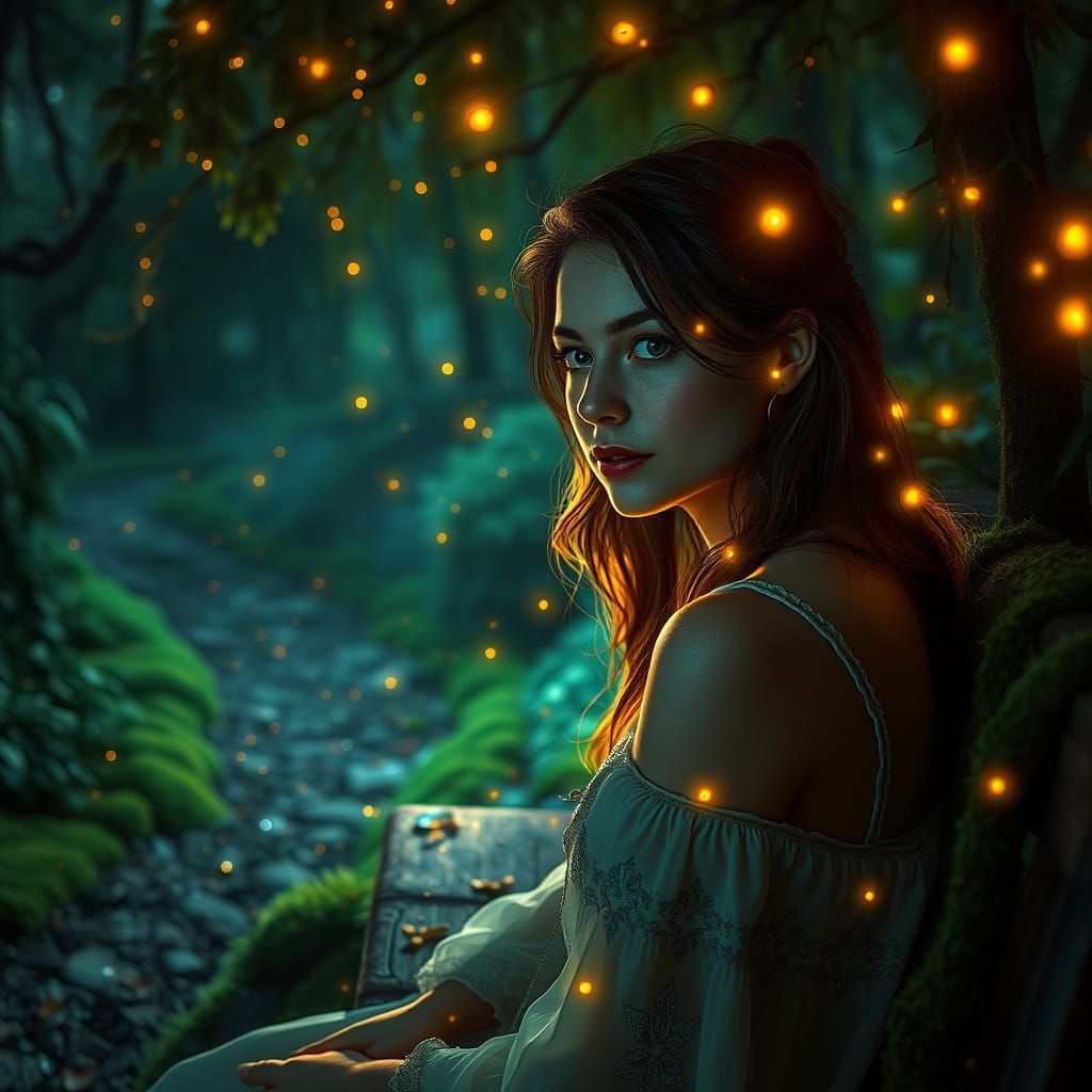 Serene Woman Surrounded by Fireflies in Enchanted Forest