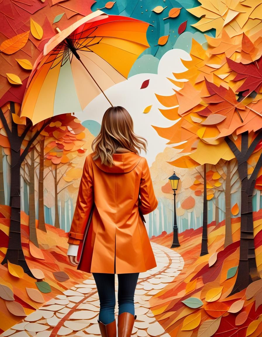 Charming Girl Walks Autumn Path in Paper Collage