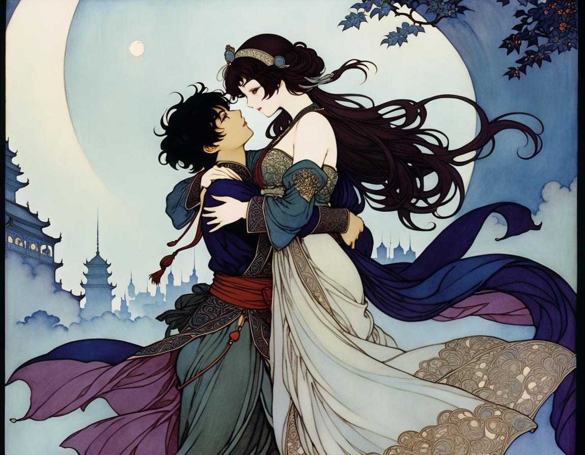 Genie and Human Embrace in Anime Style