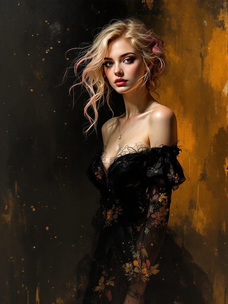 Amber Luminosity Portrait with Calligraphic Energy