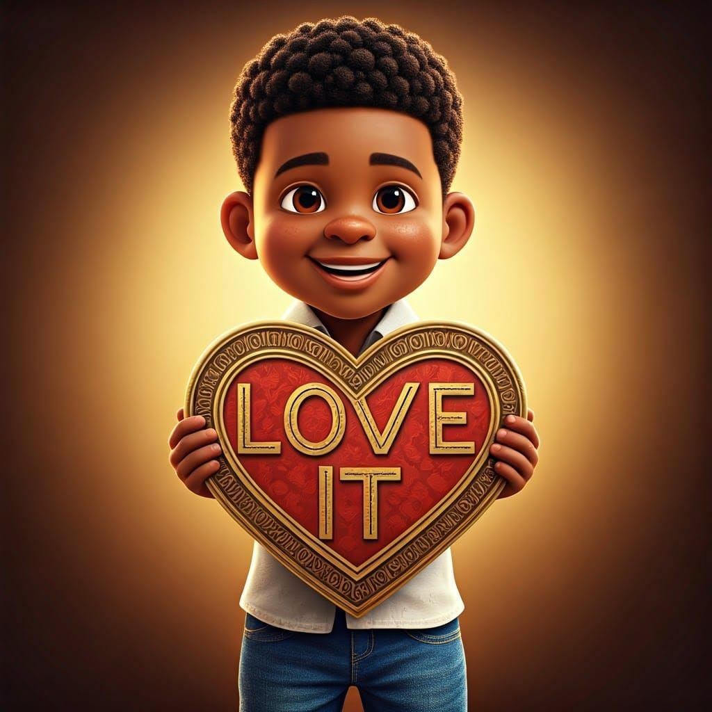 Pixar-Style Portrait of Boy with Love Sign