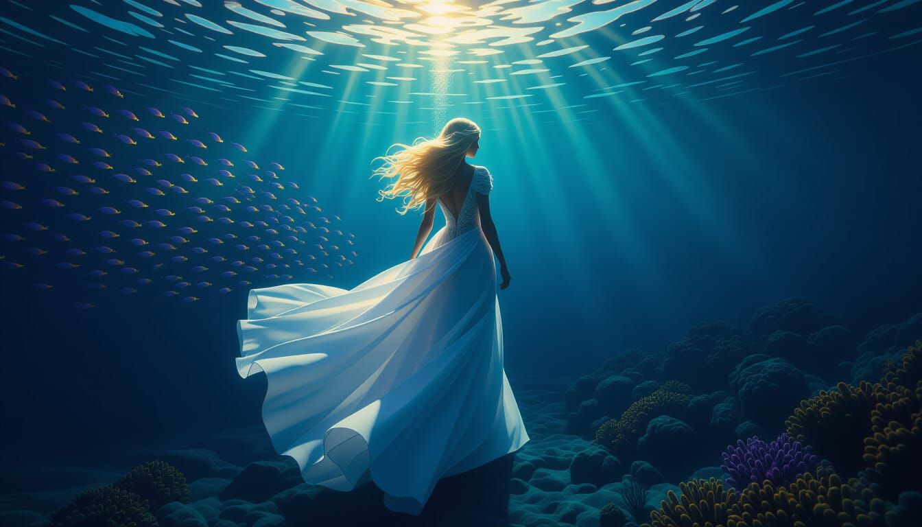 Woman Walking on Ocean Floor in Dark Fantasy Style