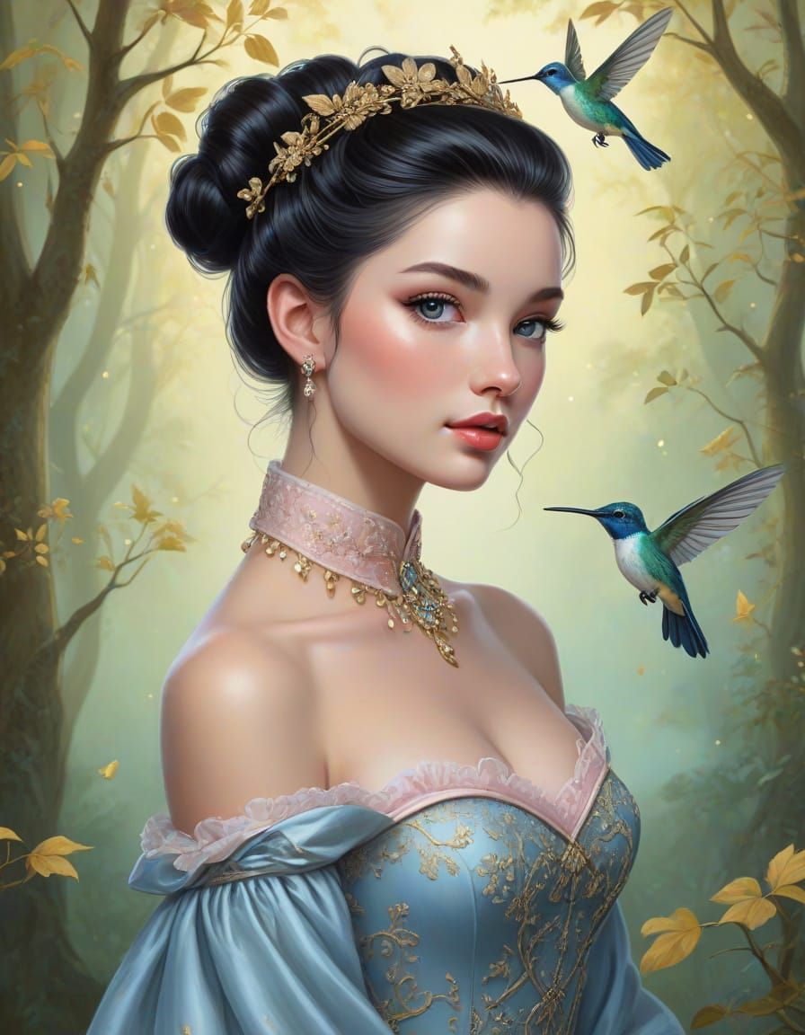 Elegant Woman with Hummingbird Hair Ornament in Whimsical Fo...