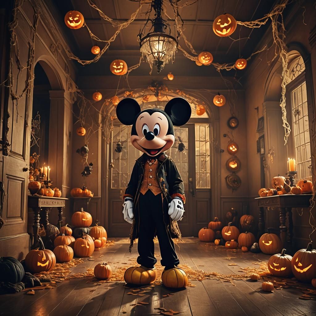 Mickey Mouse's Halloween Party in Hyperrealistic Style