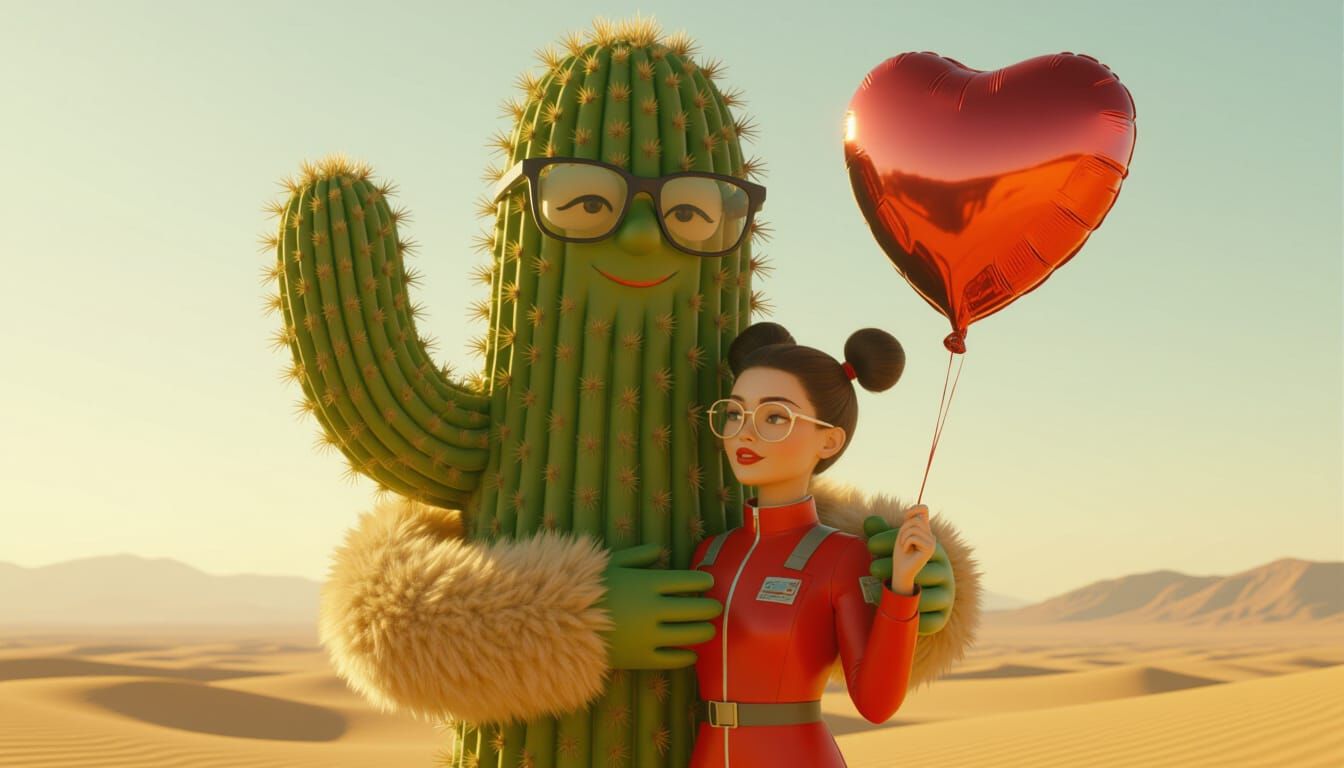 Surreal Desert Romance: Cactus Embraces Astronaut Girl