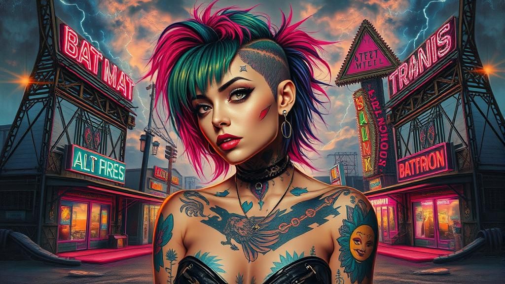 Punk Woman in Gothic Frontier Town Oil Painting