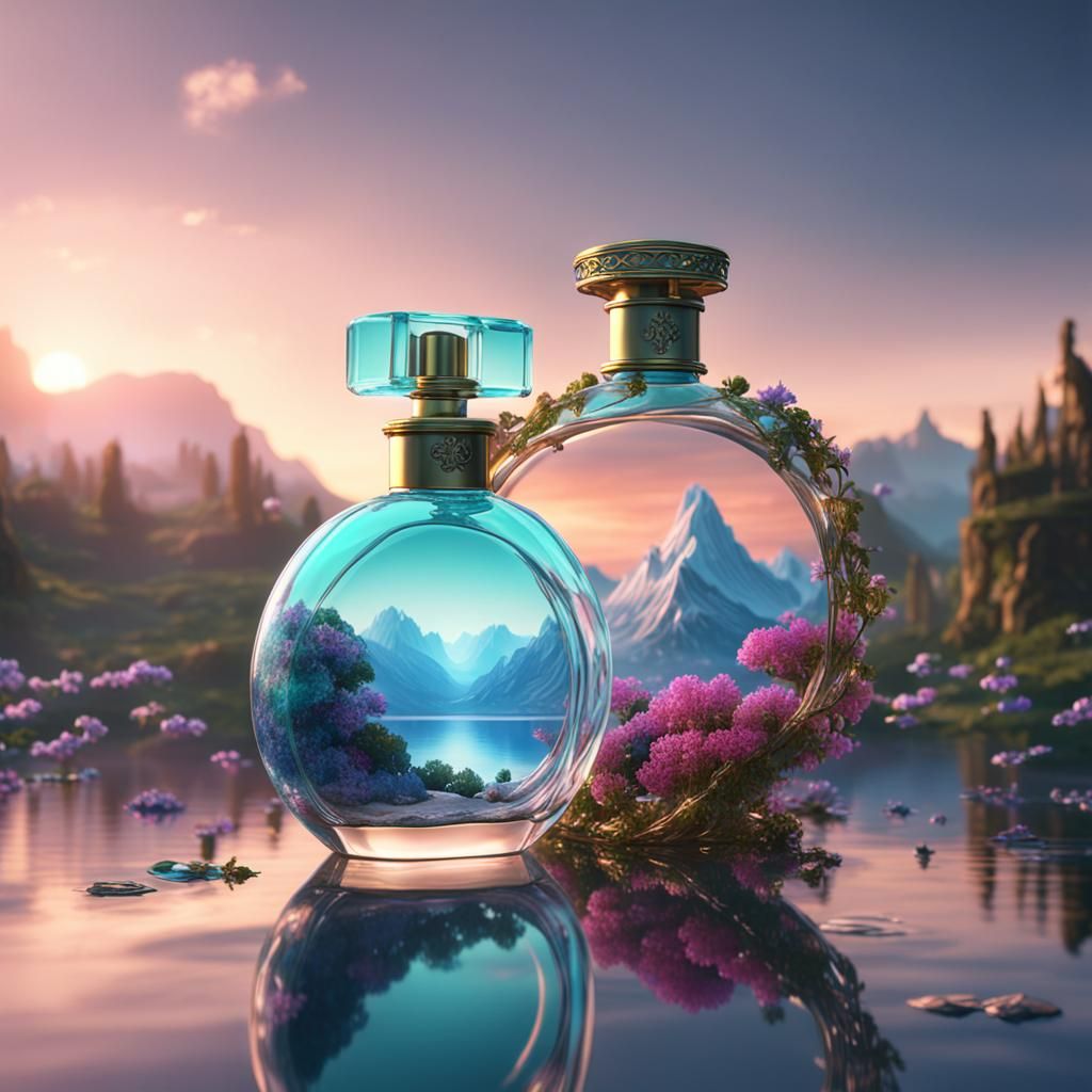 Ethereal Glass Perfume Bottle on Glass Lake