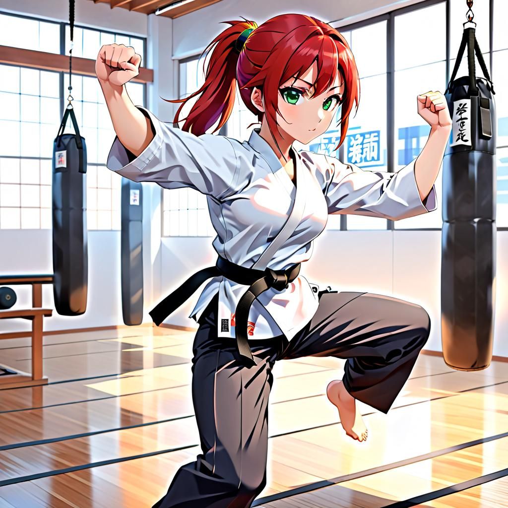 Anime Karate Student Practicing Front Kick