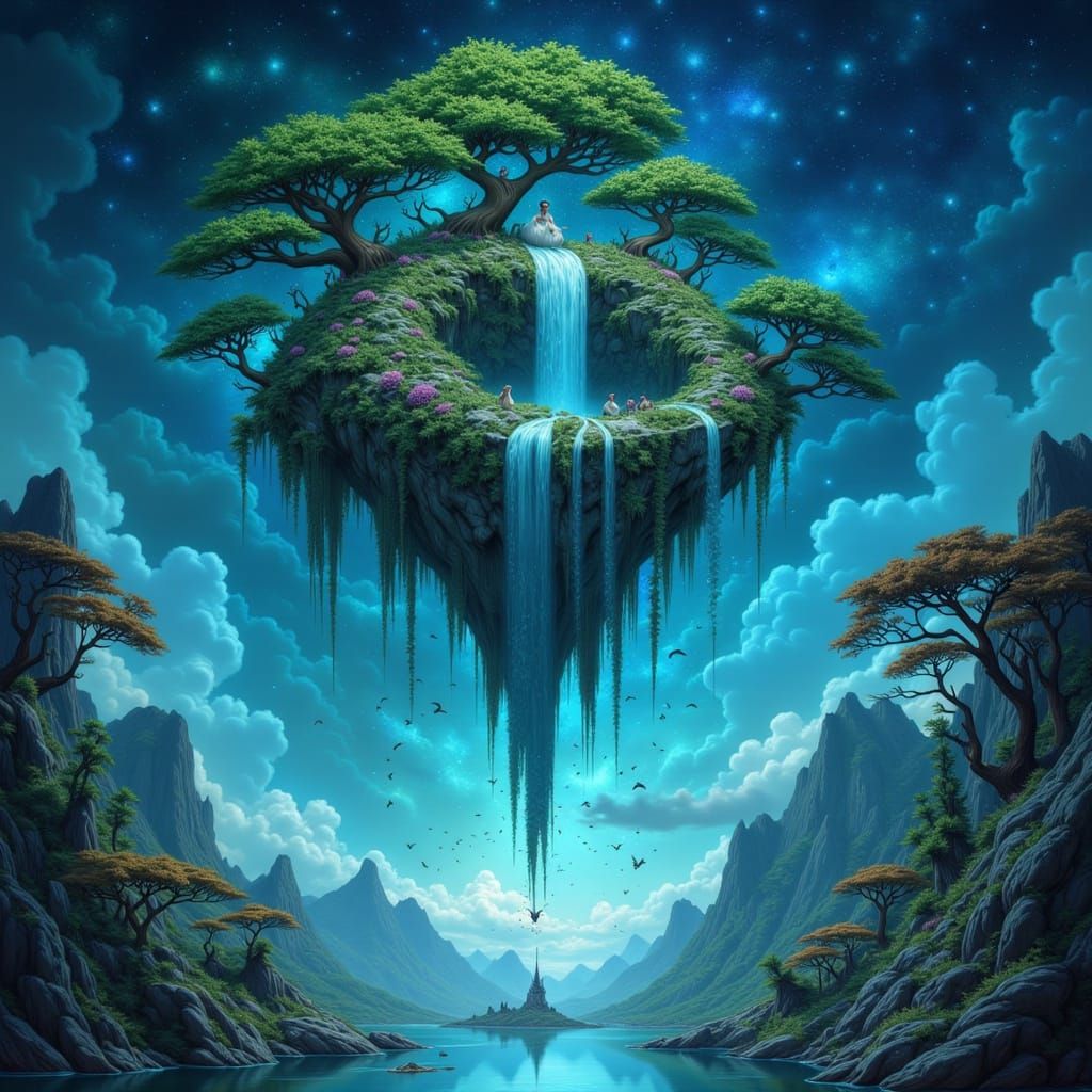 Floating Island Paradise with Starry Sky