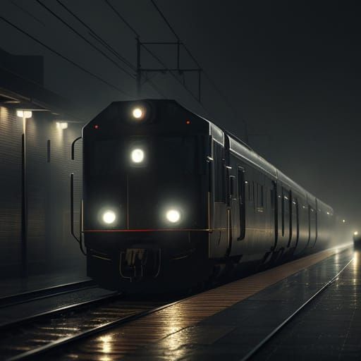 Sleek Train Speeds Through Misty Cityscape in Hyper-Realisti...